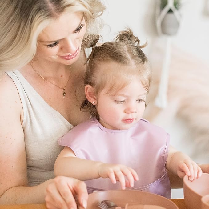 Tiny Twinkle Mess Proof Baby Bibs for Eating – Waterproof, Wipeable Toddler Bibs with Pocket – Baby Food Bibs for Girls & Boys(5 Pack, Girl Spring)