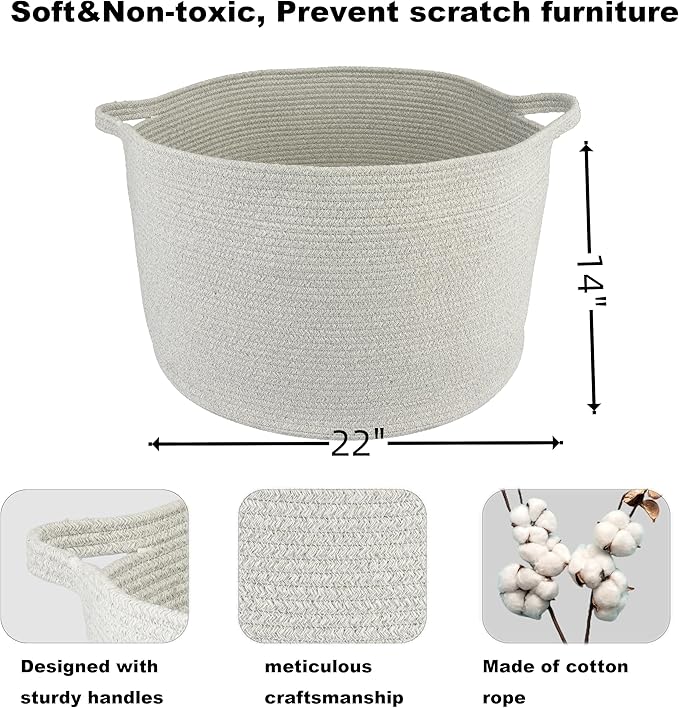 Large Cotton Rope Basket – 22"x14" Woven Storage Baskets for Blankets, Toys, Laundry, and Nursery – Round Basket for Living Room, Kids, and Pets Grey
