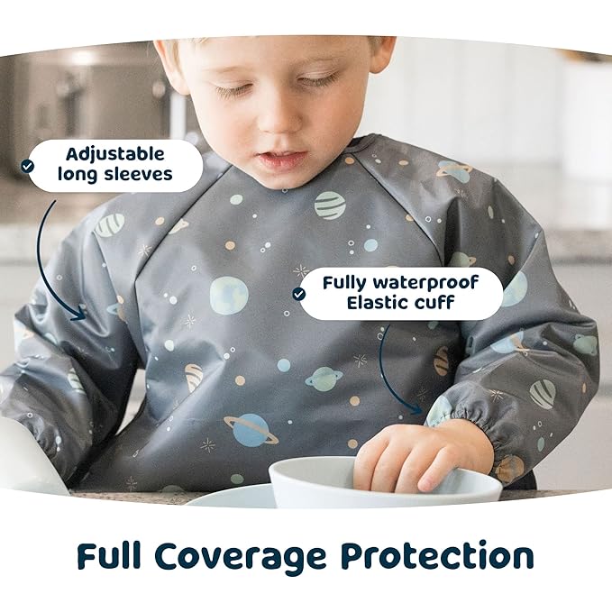 Tiny Twinkle Long Sleeve Bib for Babies & Toddlers – Waterproof Smock Bib for Eating – Machine Washable & Mess-Proof, Baby Feeding Essential & Shower Must-Have(Space, 6–24M)