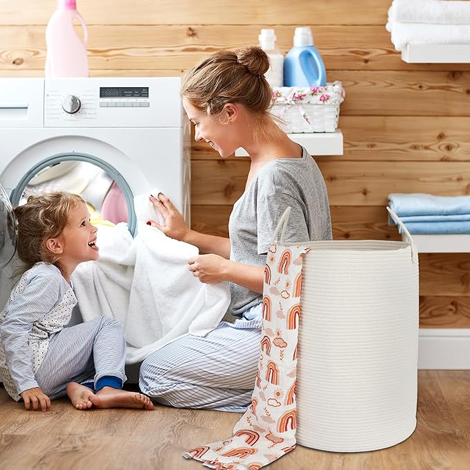 Cotton Rope Laundry Basket Hamper for Clothes Woven Storage Basket for Living Room Bedroom Boho Tall Rope Baskets for Blanket Toys Pillow Towels Baby Nursery Hamper Bin Large white