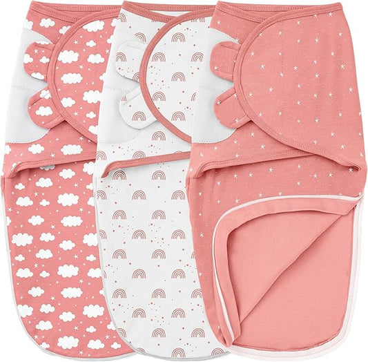Baby Swaddles for Newborns with Zipper, 100% Cotton Newborn Swaddle Sack, 3 Pack Baby Swaddles 0-3 Months Swaddle Sleep Sack for Newborn Baby Boy Girl White Pink Rainbow