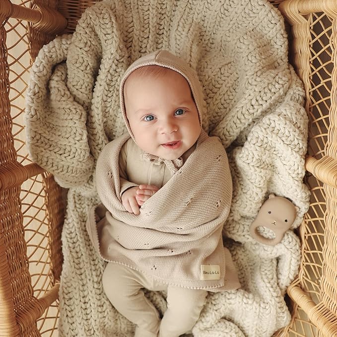 Organic Pointelle Baby Blanket + Hat Gift Set for Boys & Girls - 100% Soft Luxury Cotton Swaddle Blanket + Bonnett Registry for Newborns & Infants (Oatmeal + Hat)