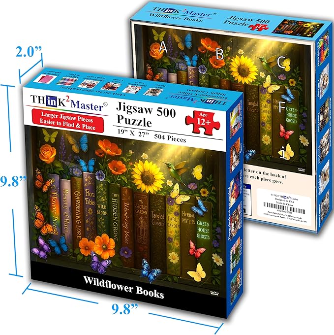 Think2Master Enchanted Library 500 pieces Large Format Jigsaw Puzzle: kids 12+, teens, adults & families. Magical Bookshelf with Butterflies & Flowers Botanical Garden. Great gift. Size: 26.8” X 18.9”