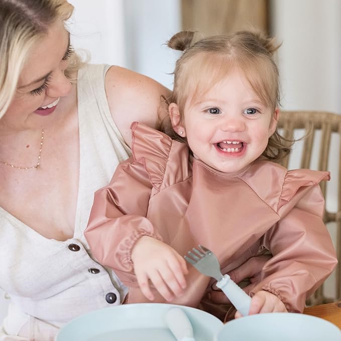 Tiny Twinkle Mess Proof Baby Bib,Waterproof Smock Baby Bib for Eating,Machine Washable Long Sleeve Bib,Baby Led Weaning,Toddler Bib,BLW Supplies(Taupe, Small 6-24 Months)