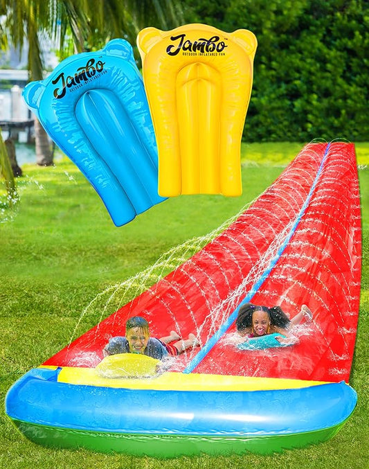 JAMBO 31.5Ft Extra Long Water Slide and 2 Bodyboards, Heavy Duty Slip Splash and Slide with Inflatable Crash Pad, Summer Water Toy Sprinkler, Backyard Outdoor Water Fun n Toys for Kids, Splash Mat