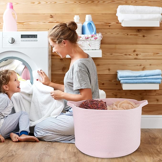 Large Cotton Rope Basket Blankets Basket Living Room 22"x14" Toy Baskets for Kids and Dogs Rope Storage Baskets for Nursery Woven Laundry Baskets for Clothes Towels Baby Toy Storage Round pink