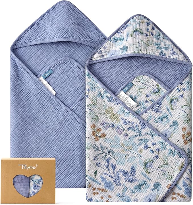 TILLYOU Muslin Hooded Baby Towels for Newborn 2 Pack, 32x32Inch Soft Baby Bath Towel Highly Absorbent for Newborn and Infant, Essential for Newborn Care, Blue Flower