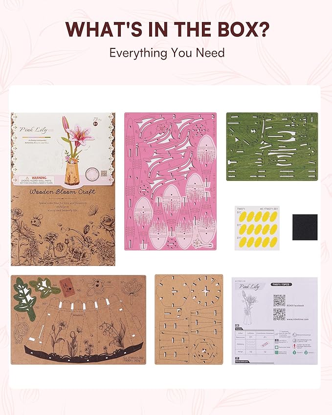 3D Flower Wooden Puzzles for Adults-Pink Lily, DIY Wooden Flowers Model Kit Building Set Crafts for Adults to Build, Botanical Collection/Ideal Creative Gift Ideas/Housewarming (73PCS)