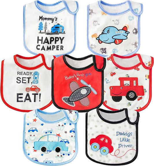 7Pcs Cotton Waterproof Baby Bibs Hook Loop Closure Newborn Bib Keepsake Baby Gift for Drooling Feeding Eating