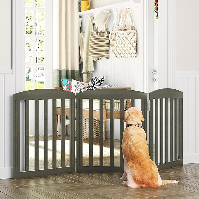 SPIRICH Wooden Freestanding Foldable Dog Gate, Extra Wide Step Over Puppy Gate, 3 Panels, Grey