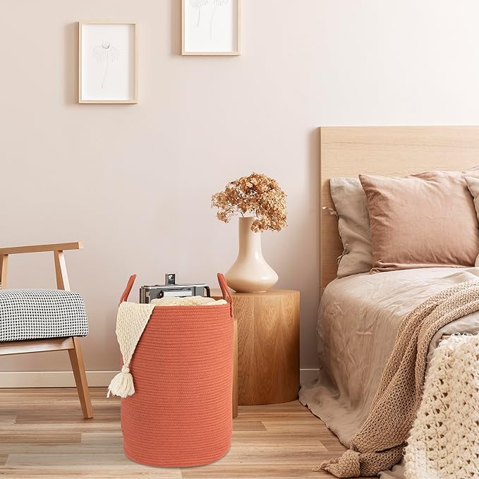 Cotton Rope Laundry Basket Hamper for Clothes Woven Storage Basket for Living Room Bedroom Boho Tall Rope Baskets for Blanket Toys Pillow Towels Baby Nursery Hamper Bin Large rustic