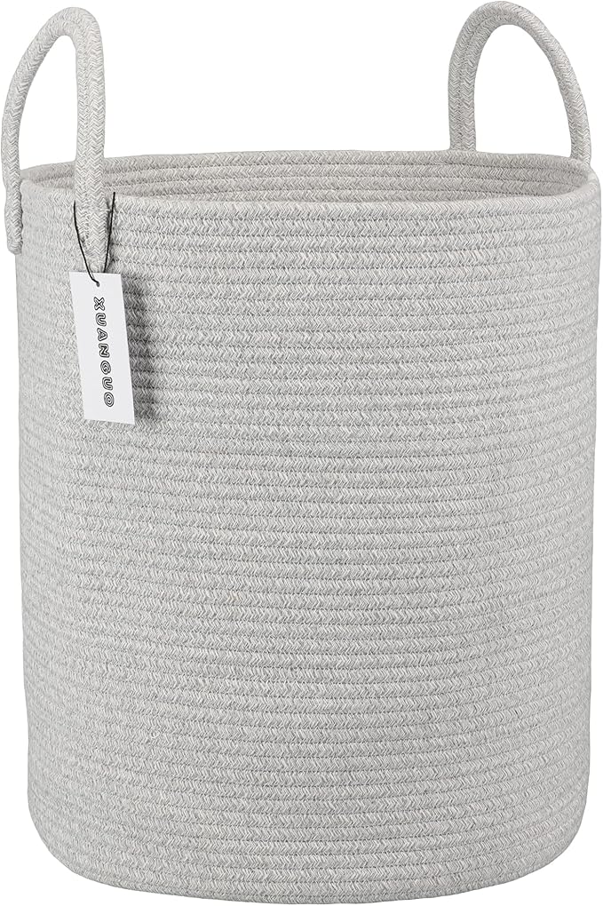 Cotton Rope Laundry Basket Hamper for Clothes Woven Storage Basket for Living Room Bedroom Boho Tall Rope Baskets for Blanket Toys Pillow Towels Baby Nursery Hamper Bin Large light grey