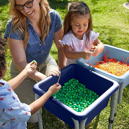 ECR4Kids 2-Station Sand and Water Adjustable Play Table, Sensory Bins, Navy/Powder Blue