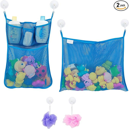 2 x Mesh Bath Toy Organizer + 6 Ultra Strong Hooks – The Perfect Bathtub Toy Holder & Bathroom or Shower Caddy – These Multi-use Net Bags Make Baby Bath Toy Storage Easy – For Kids & Toddlers