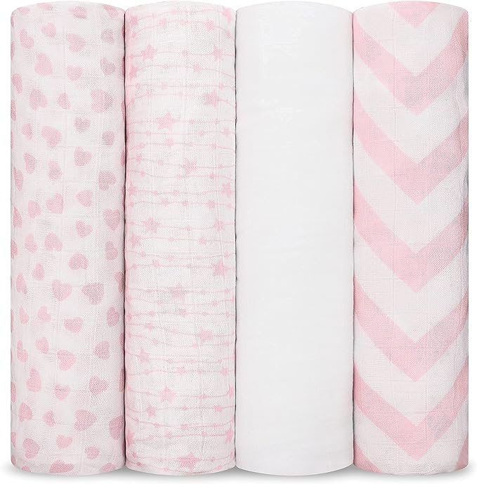Comfy Cubs Muslin Swaddle Blankets Pack of 4, 47 x 47 Inches, Soft Cotton Baby Blanket Set, Large Multipurpose Swaddling Wraps for Newborns - Self-Soothing Swaddle - Pink