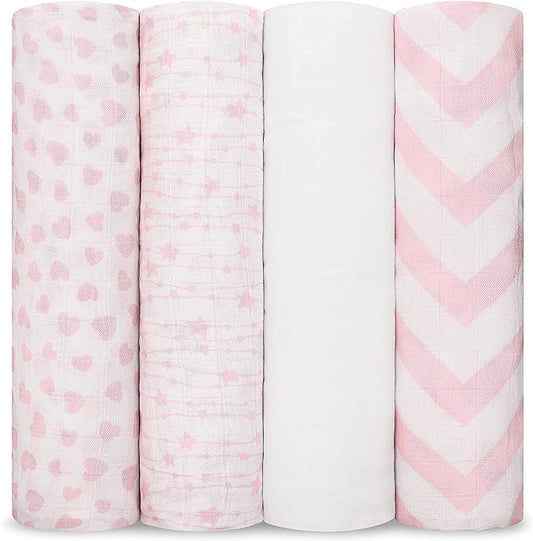 Comfy Cubs Muslin Swaddle Blankets Pack of 4, 47 x 47 Inches, Soft Cotton Baby Blanket Set, Large Multipurpose Swaddling Wraps for Newborns - Self-Soothing Swaddle - Pink