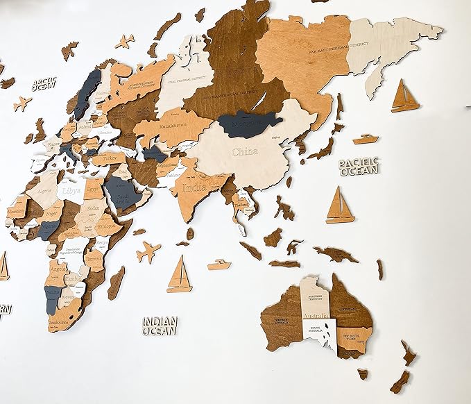 Wooden World Map 3D Art Large Wall Decor - Size (M & L & XL) Any Occasion Gift Idea - Wall Art For Home & Kitchen or Office (COFFEE, 63,00" x 33,46")