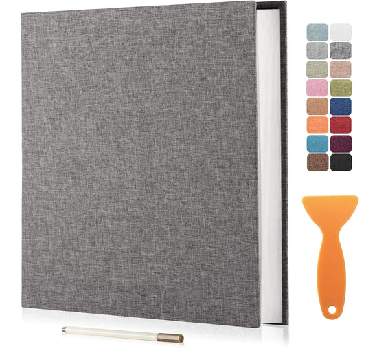 Large Photo Album Self Adhesive Scrapbook Album for 4×6 8×10 Pictures DIY Magnetic Linen Cover Album 40 Pages for Family Wedding Gifts with Metal Pen and Plastic Board