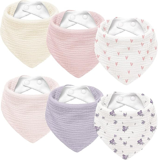 Susurration Muslin Baby Drool Bibs 6Pack Soft Triangular Adjustable Baby Bandana Bibs for Unisex Baby Girls & Boys