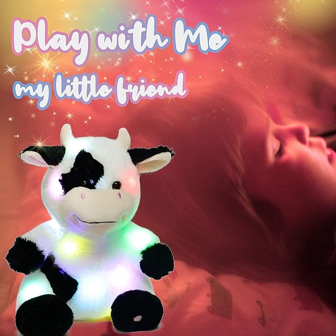 Hopearl LED Plush Cow Lighting Up Stuffed Animal Diary Cattle Floppy Night Lights Glow in The Dark Birthday Festival for Kids Toddler Girls, 13''