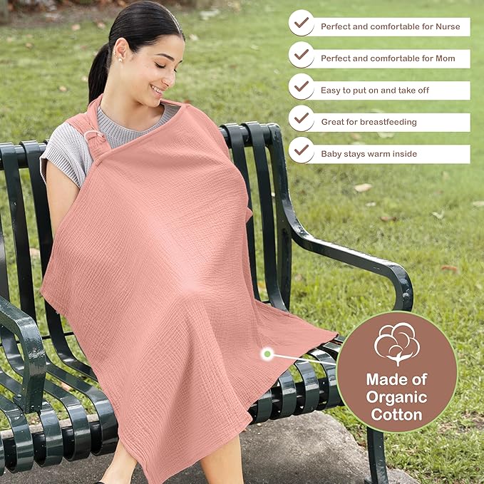 Premium Organic Breathable Muslin Nursing Cover for Breastfeeding - Privacy Breast Feeding Covers for Women - Multi-Use Nursing Cover Up - Soft & Lightweight Breastfeeding Covers (Pink)
