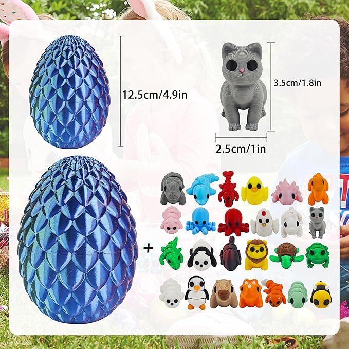 25 pcs Mini 3D Printed Animal Figurines Set with Dragon Egg: Articulated, Flexible, and Exquisitely Cute Fidget Toys for Play and Display for Valentine's Day, Easter, Bithday.