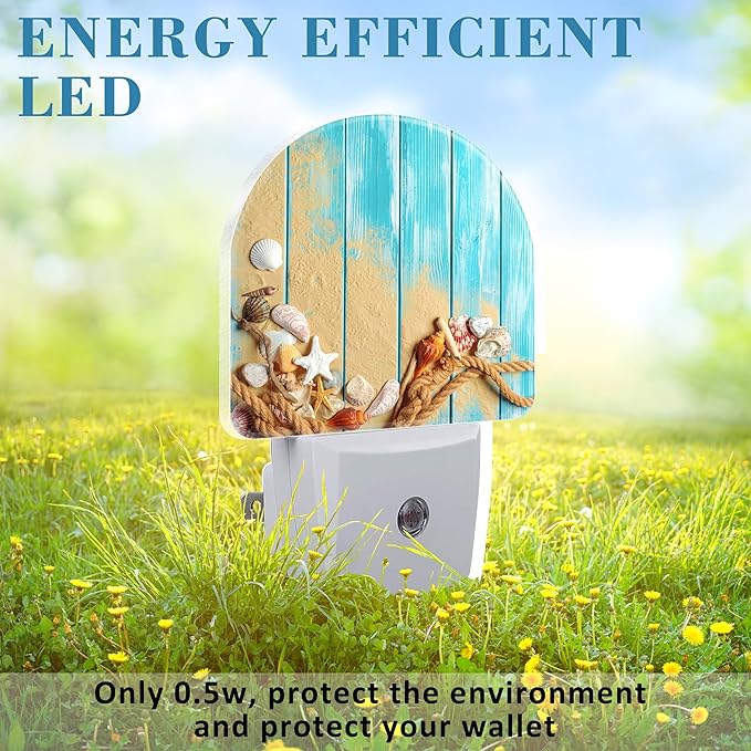 Night Light Plug into Wall Shells and Blue Wooden Planks Night Light with Dusk to Dawn Sensor Night Light for Kid Girls Boys Women Men Room Decor, Hallway, Kitchen, Bathroom, Nursery, Stairs