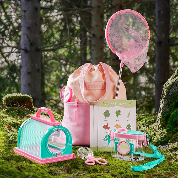 ROBOTIME Kids Explorer Kit & Bug Catcher Kit for Kids, 10PCS Outdoor Bug Catching Kit with Magnifying Glass & Net, Adventure Set for Backyard & Camping, Fun Gift for Girls 3-12 (Pink)