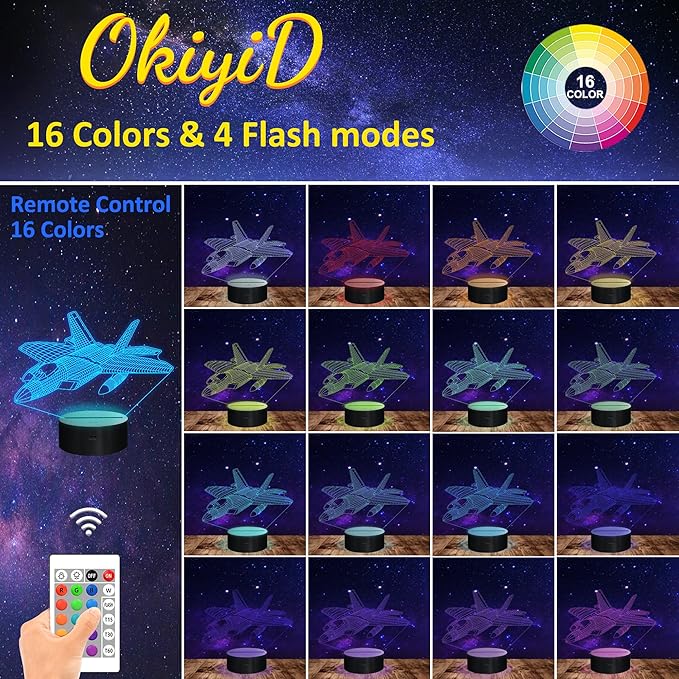 Airplane Model Gifts for Boys Men Pilot,16 Colors 3D Airplane Night Light for Aviation Lovers Room Decor,F-22 Raptor Vehicle Flighter Jet Plane 3D Illusion Lamp for Kids Xmas Gifts