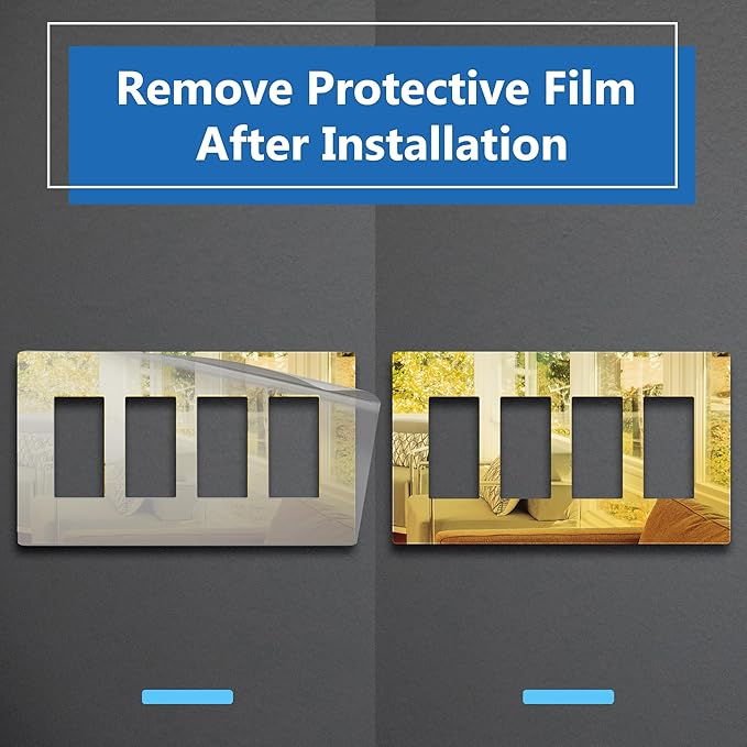 LIDER Quadruple Decorator Wall Plate, Impact Resistant, Mirrored Acrylic, Plexiglass, Reflective Finish Modern Upgrade Screwless Light Switch/Outlet Cover Mid-Size 4-Gang 4.88" x 8.58" Gold