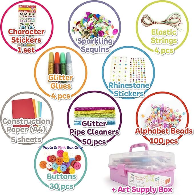 Olly Kids Arts and Crafts Supplies for Kids Girls 4 5 6 7 8 9 10 11 & 12- Ultimate Crafting Supply Carboodle in Portable 3 Layered Plastic Art Box