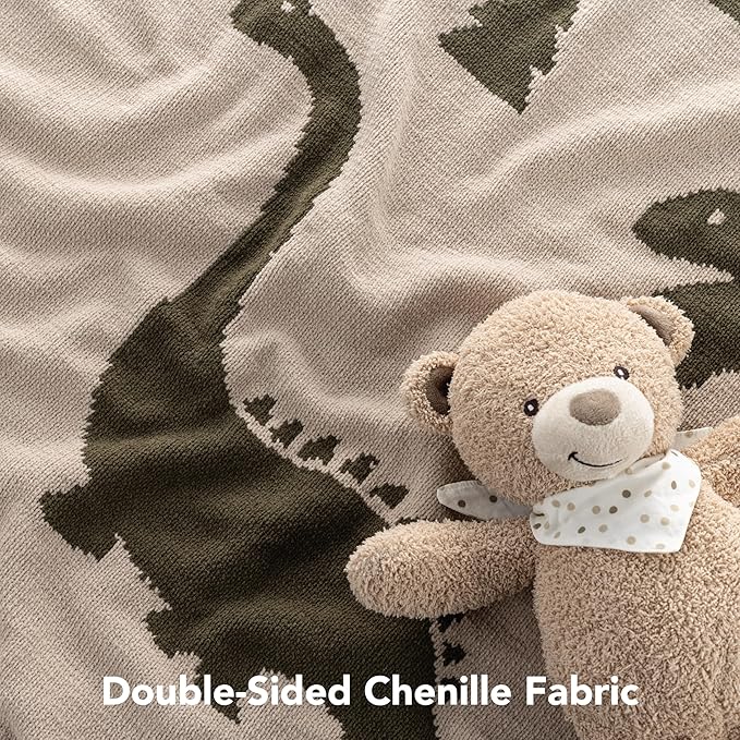 Berkshire Baby Blanket,Ultra-Plush Reversible Chenille Knit Toddler Blanket,Cute Pattern Nursery Crib Blanket,Ideal Baby Gift(30x40 Inches,Dino WalkKalamata)