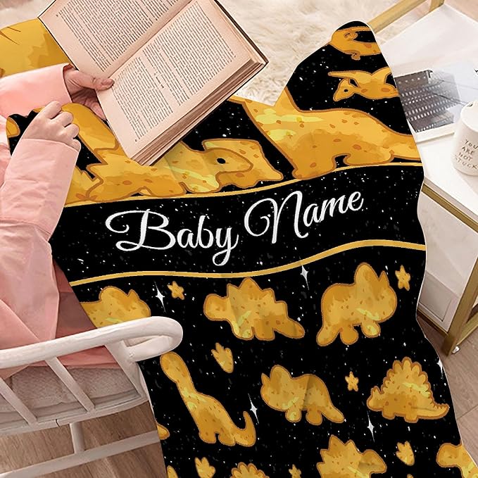 Personalized Custom Baby Blanket with Name - Swaddle Blanket for Toddlers, Infants, Kids, Newborns - Nursery Stroller Crib Decor Throw - Chicken Nuggets Dinosaur Theme - Birthday Gift