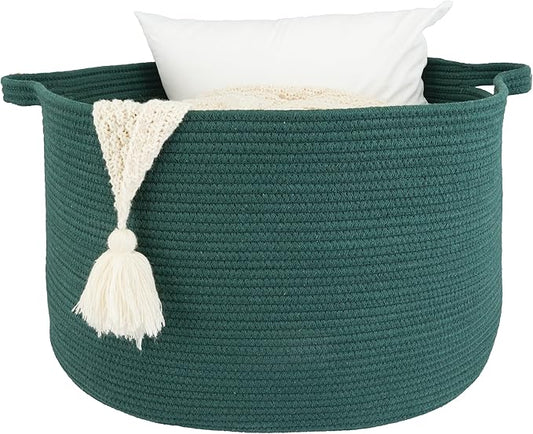 Large Cotton Rope Basket – 22"x14" Woven Storage Basket for Blankets, Toys, Laundry, and Nursery – Round Baskets for Living Room and Kids Dark Green