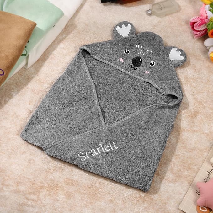 Personalized Baby Towels for Newborn Custom Embroidery Name Hooded Baby Bath Towels for Boy Girl Newborn Essentials Must Haves Shower Gift Soft Coral Velvet 30"x30" (Gray)