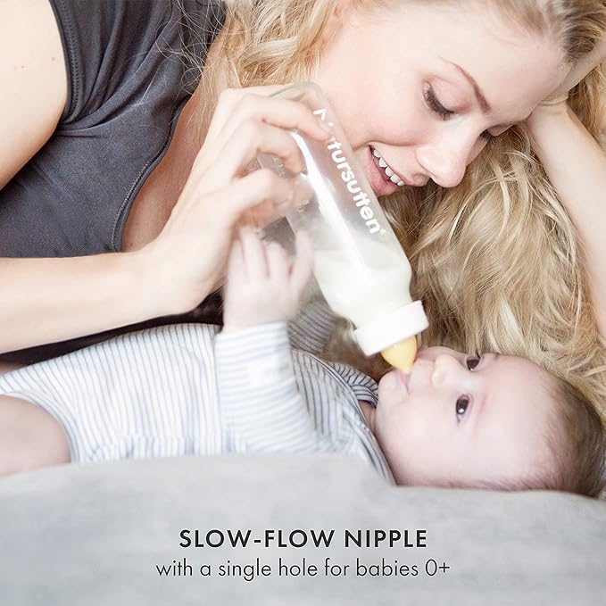 Natursutten Anti-Colic Glass Baby Bottle 2-Pack - 8 oz, 4 oz Bottles for Breastfeeding Babies - Newborn Bottles Set: Natural Rubber Slow-Flow Bottle Nipples, Seals, Valves, Baby Bottle Caps (8 Ounce)