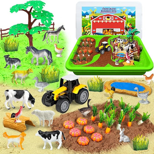 Sensory Bins Farm Animals Toys for Toddlers,Sensory Toys Play Sand Art Kit with Sandbox & Farm Animals & Tractor Playset,Indoor Outdoor Beach Toys for Boys Girls 3 4 5 6 7 Christmas Birthday Gift