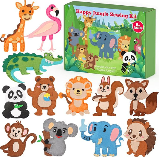 YEETIN Sewing Kit for Kids Ages 6+, Beginner Felt Sewing Craft Kit, DIY Jungle Stuffed Animals Making Set, Learn to Sew Gifts for Birthday
