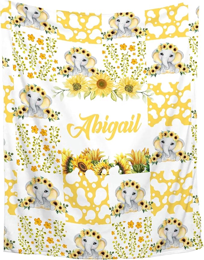 Personalized Elephant Baby Blanket with Name - Custom Swaddle Blanket for Toddlers, Infants, Kids, Newborns - Nursery Stroller Crib Decor Throw - Birthday Gift