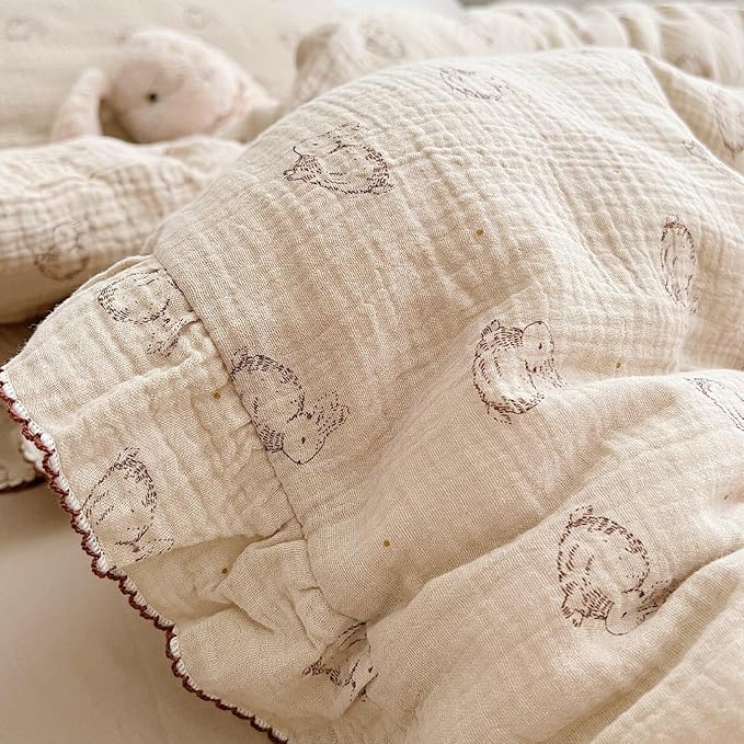 BuLuTu 2-Layer Cotton Muslin Toddler Pillowcase Rabbit Pattern, Soft Breathable Travel Pillow Case Fit for Boys Girls Toddler Pillow 13"x18"or 14"x19", Nursery Decor Kids Pillow Cover 14"x20"