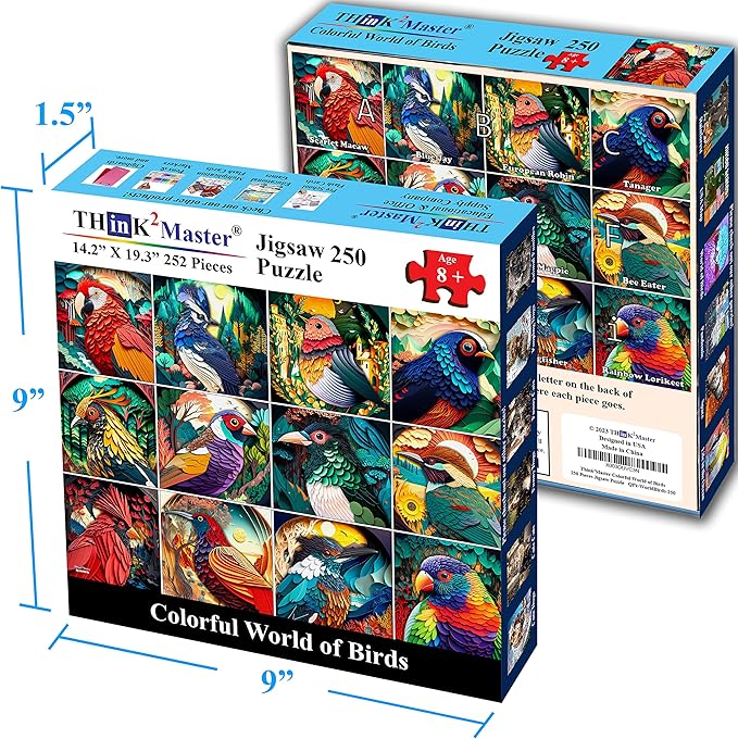 Think2Master Colorful World of Birds 250 Pieces Jigsaw Puzzle Featuring heartwarming Parent and Child Pairs. Fun Toy for Kids 8+, School & Families. Paper Cut Craft Style Size: 14.2” X 19.3”