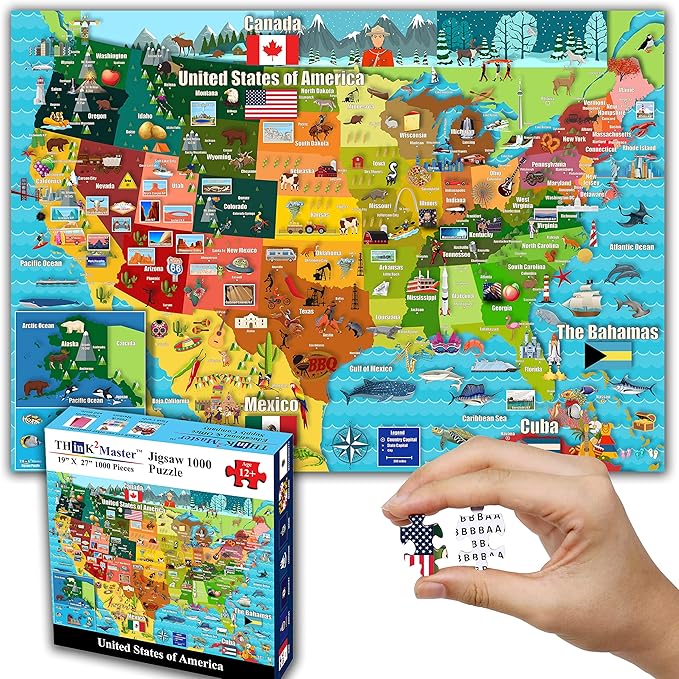 Think2Master Colorful United States Map 1000 Pieces Jigsaw Puzzle for Kids 12+, Teens, Adults & Families. Great Educational Gift for Interest in The USA Map. Size: 26.8” X 18.9”