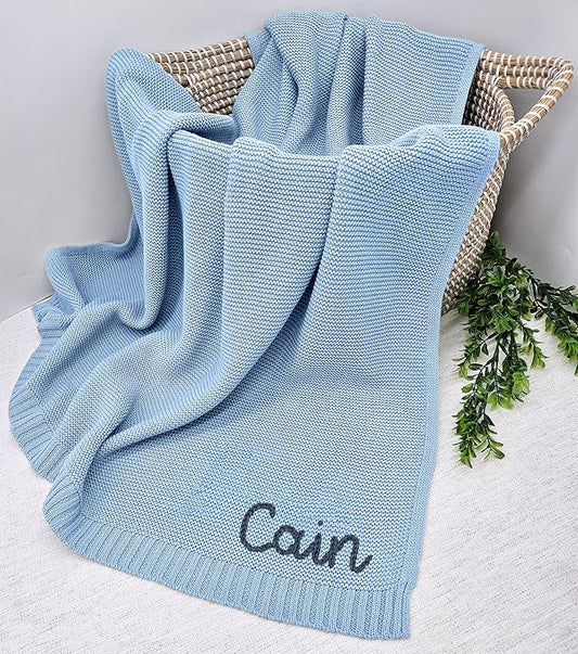 NAZENTI Personalized Hand Embroidered Baby Knit Blanket, Custom Baby Name, Newborn Baby Gifts, Cotton Knit Stroller Blanket, Custom Gifts for Birthday Baby Boys Baby Girls #15