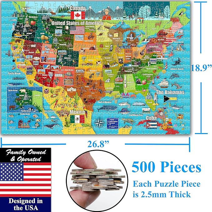 Think2Master Colorful United States Map 500 Pieces Large Format Jigsaw Puzzle for Kids 12+, Teens, Adults & Families. Great Gift for stimulating Interest in The USA Map. Size: 26.8” X 18.9”