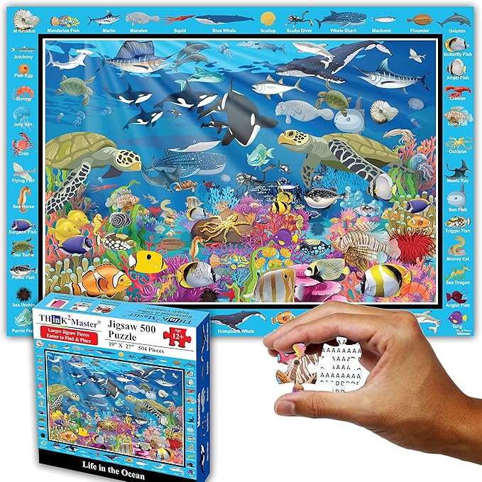 Think2Master Colorful Ocean Life 500 Pieces Large Format Jigsaw Puzzle for Kids 12+, Teens, Adults & Families. Great Gift for stimulating Learning About Coral Reefs. Size: 26.8” X 18.9”