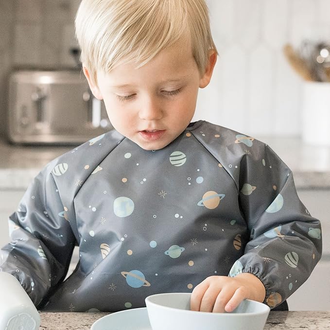 Tiny Twinkle Long Sleeve Bib for Babies & Toddlers – Waterproof Smock Bib for Eating – Machine Washable & Mess-Proof, Baby Feeding Essential & Shower Must-Have(Space, 6–24M)