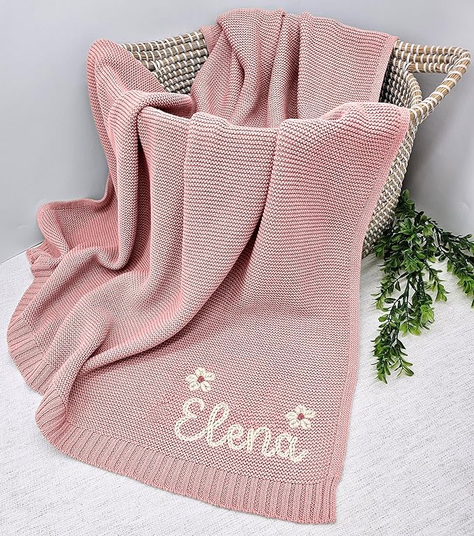 NAZENTI Personalized Hand Embroidered Baby Knit Blanket, Custom Baby Name, Newborn Baby Gifts, Cotton Knit Stroller Blanket, Custom Gifts for Birthday Baby Boys Baby Girls #14