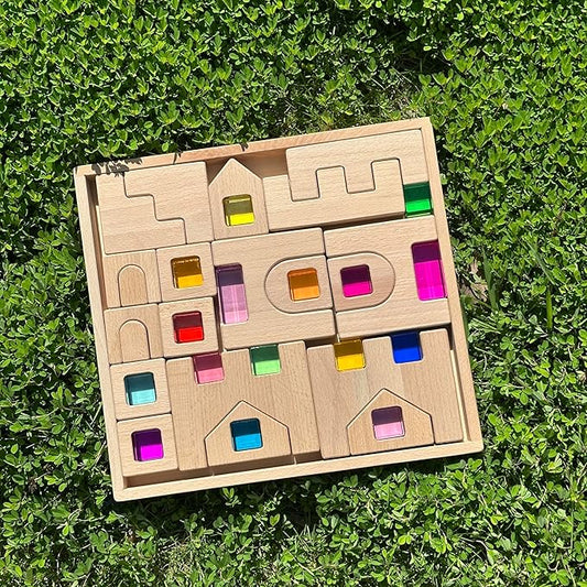 38PCS Wooden Building Blocks Set with Colorful Acrylic Inserts, Include Wooden Castles, Stairs, Arches Educational Construction Toy for Toddlers (38PCS Castle House)