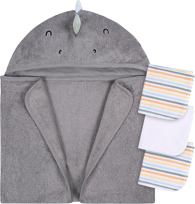 Gerber Baby 4 Piece Animal Character Hooded Towel and Washcloth Set, Charcoal Dino, One Size