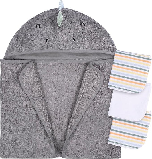 Gerber Baby 4 Piece Animal Character Hooded Towel and Washcloth Set, Charcoal Dino, One Size